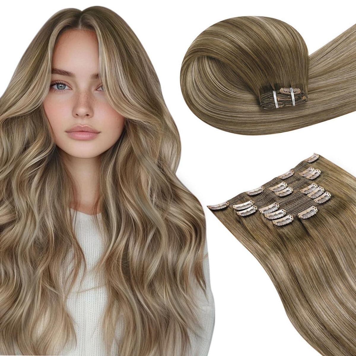 Echthaar Clip-In Extensions Braun Blond Balayage Ombre