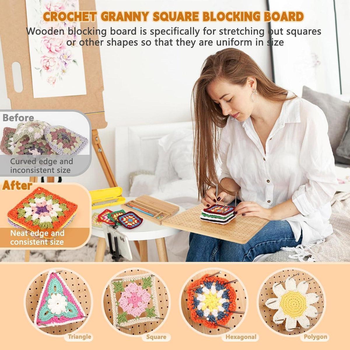 Granny Square Sperrbrett Holz 29cm mit Spanner & Zubehör