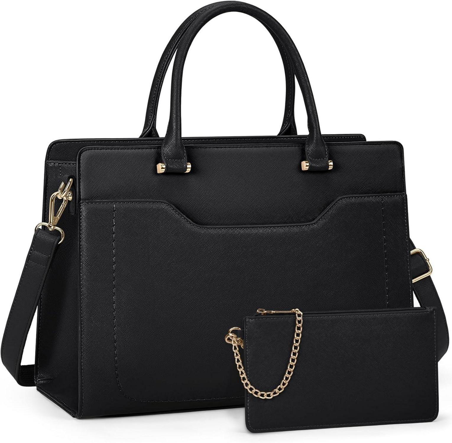 Große Laptoptasche Damen Wasserdicht Schwarz PU Leder mit Geldbörse