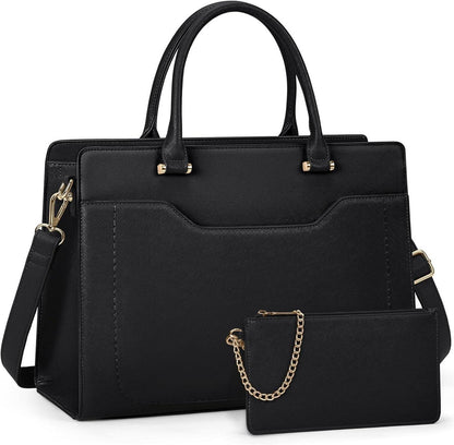 Große Laptoptasche Damen Wasserdicht Schwarz PU Leder mit Geldbörse
