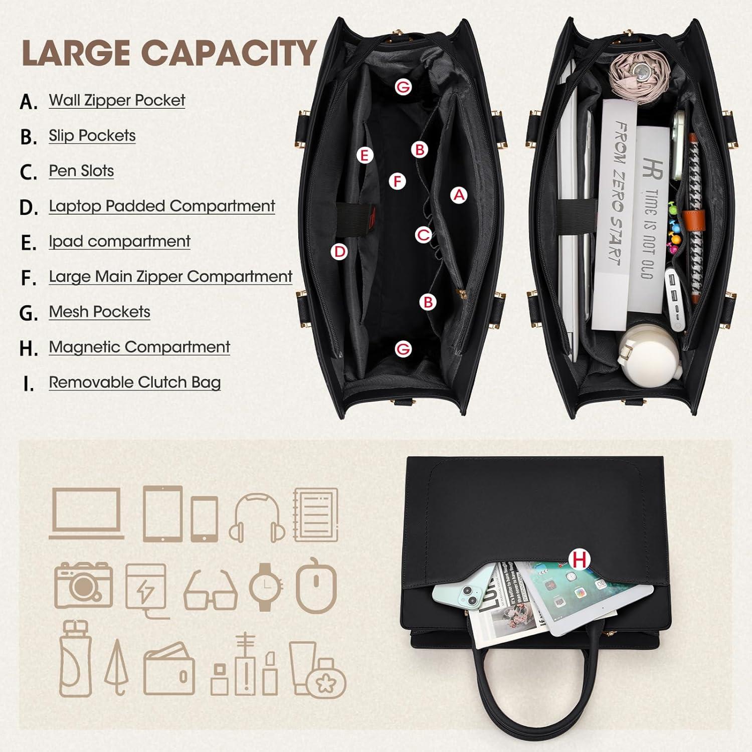 Große Laptoptasche Damen Wasserdicht Schwarz PU Leder mit Geldbörse