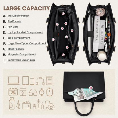 Große Laptoptasche Damen Wasserdicht Schwarz PU Leder mit Geldbörse