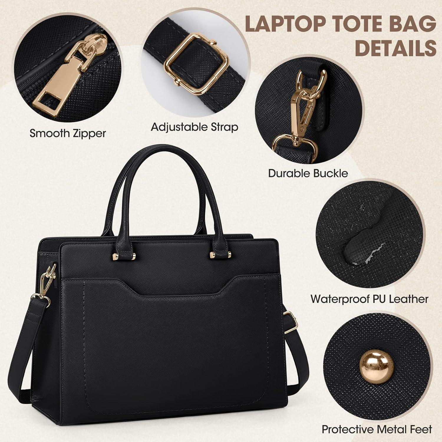 Große Damen Laptop Handtasche 15,6 Zoll PU Leder Schwarz Workbag Organizer