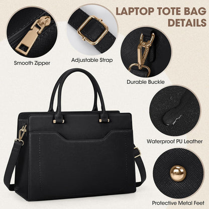 Große Damen Laptop Handtasche 15,6 Zoll PU Leder Schwarz Workbag Organizer