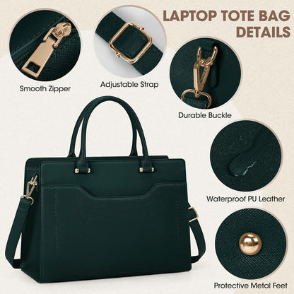 Damen Laptoptasche 15.6 Zoll PU Leder Shopper Handtasche Grüne Arbeitstasche