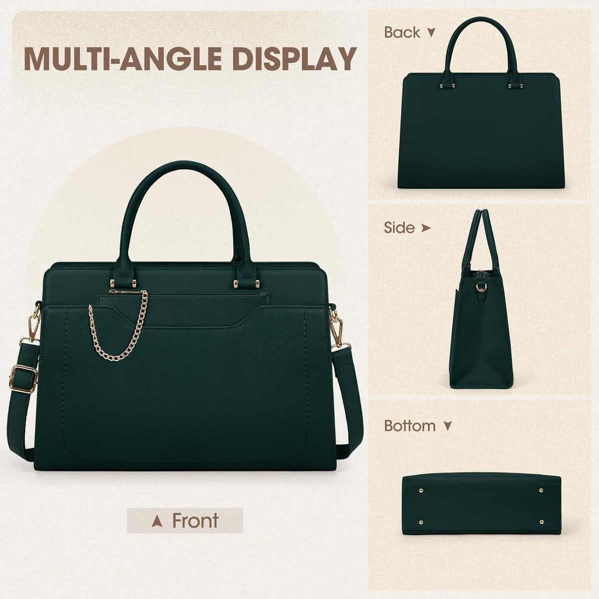 RAINSMORE Damen Shopper Handtasche 15.6 Zoll PU Leder Laptop Business Büro grün