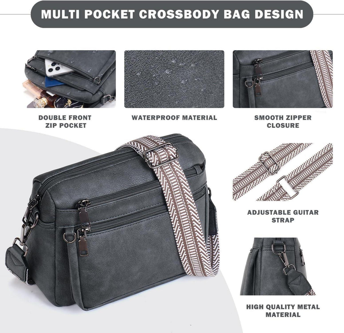 Damen Umhängetasche Mittelgroß Leder Schwarz Neu