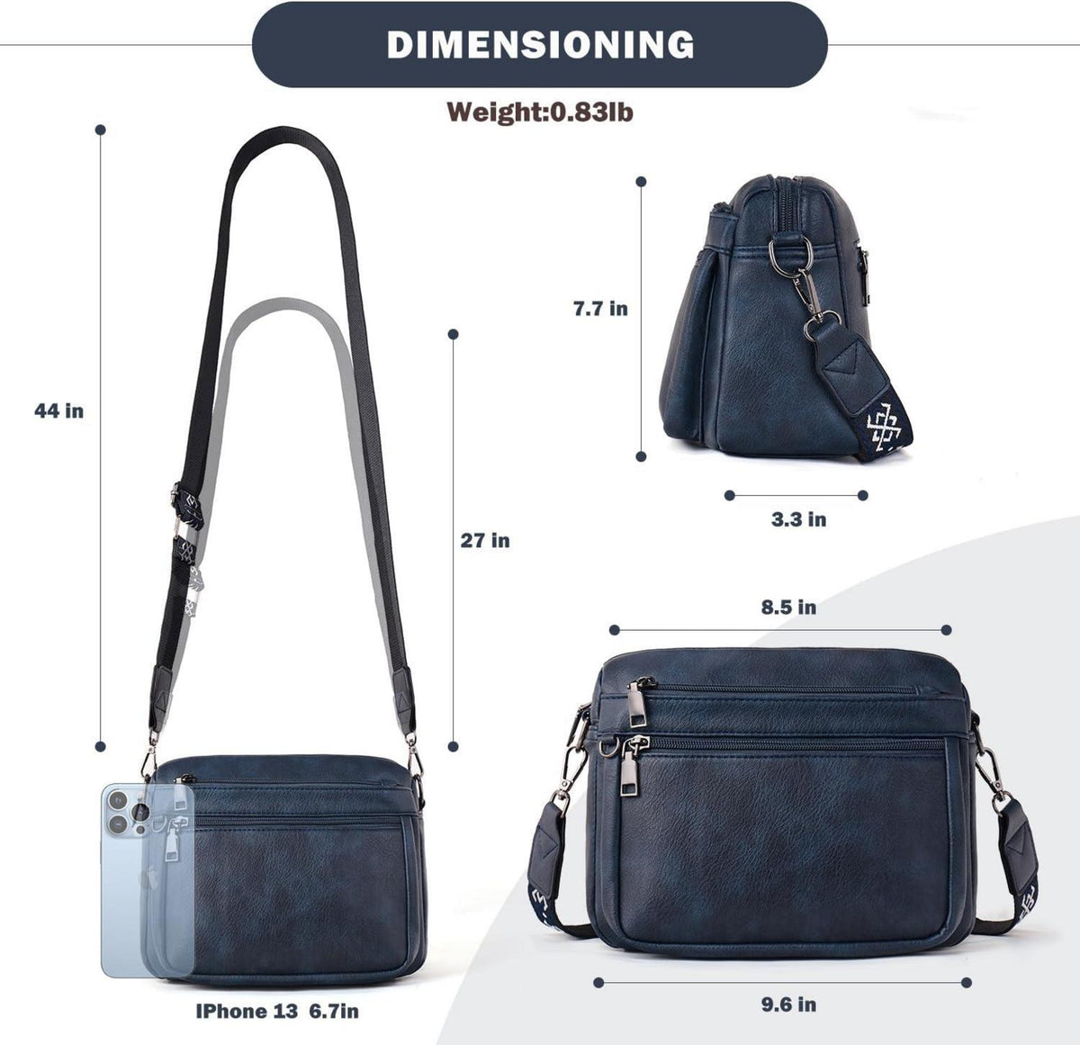 Damen Umhängetasche Mittelgroß Leder Crossbody Bag Schwarz