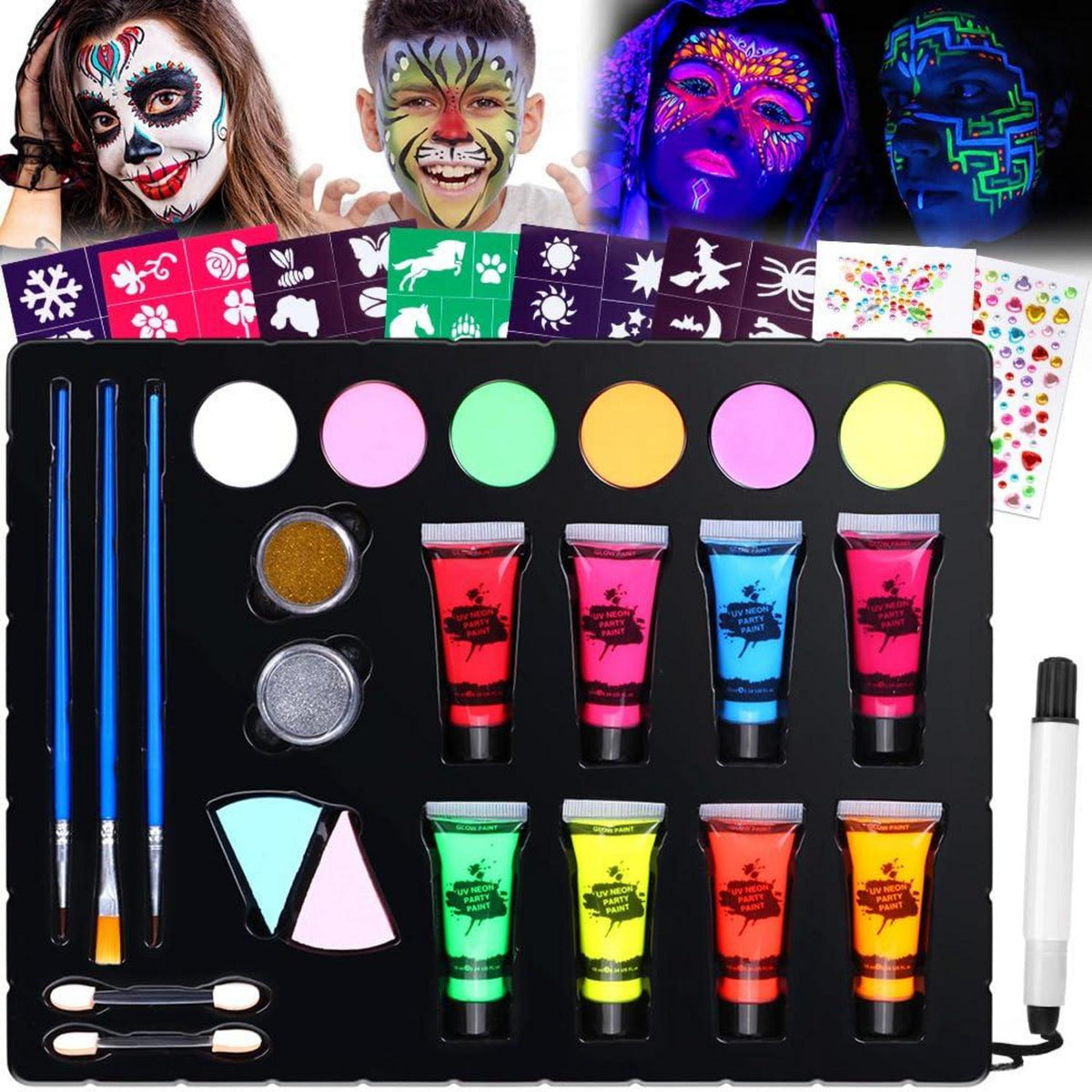 Gesichtsfarbe Kinderschminke Set UV Bodypainting 14 Farben