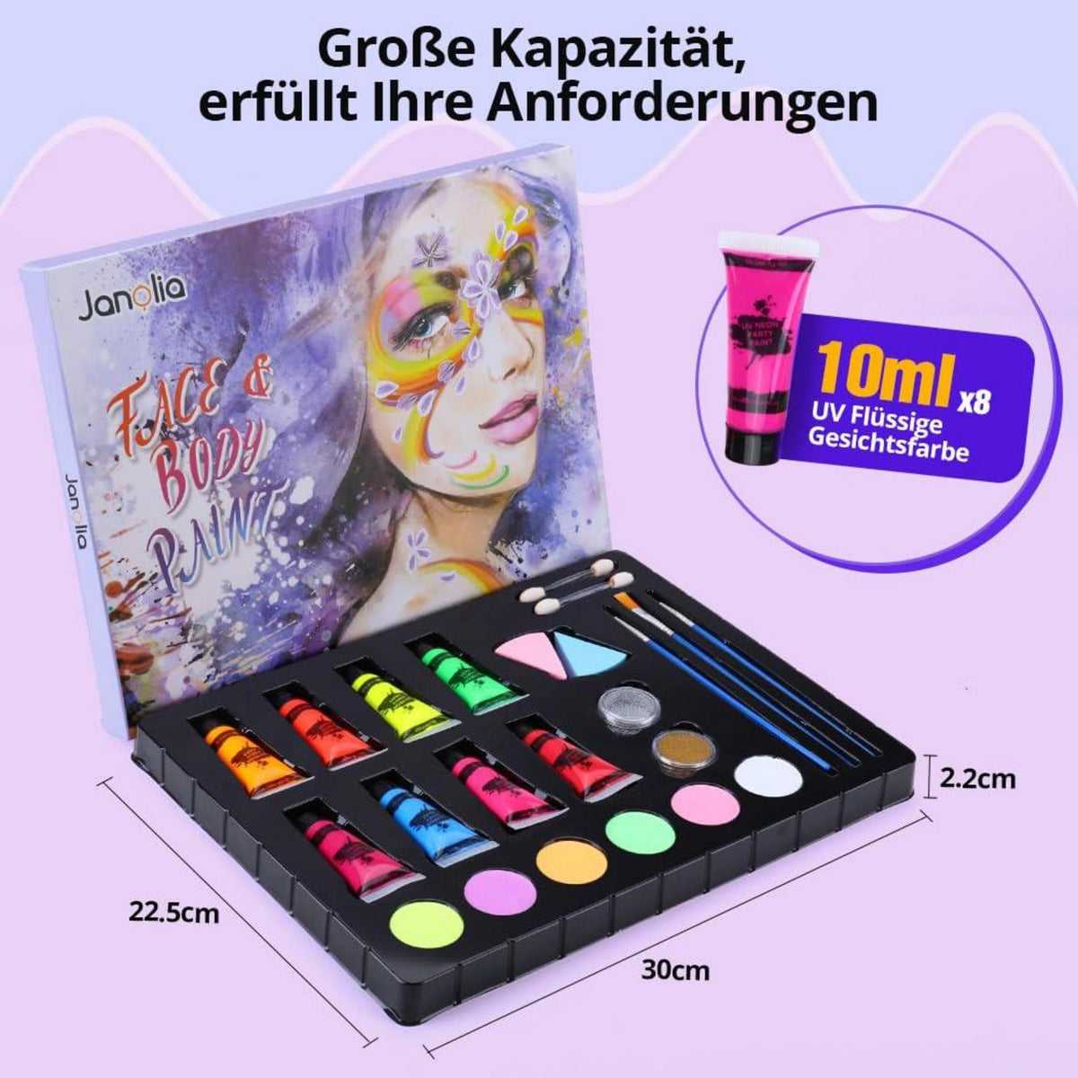 Janolia Kinderschminken Set, UV Bodypainting Farben, 14 Farben Faschingsschminke