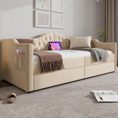 Schlafsofa Klein 90x200 cm Beige – Schlafsessel mit Bettkasten