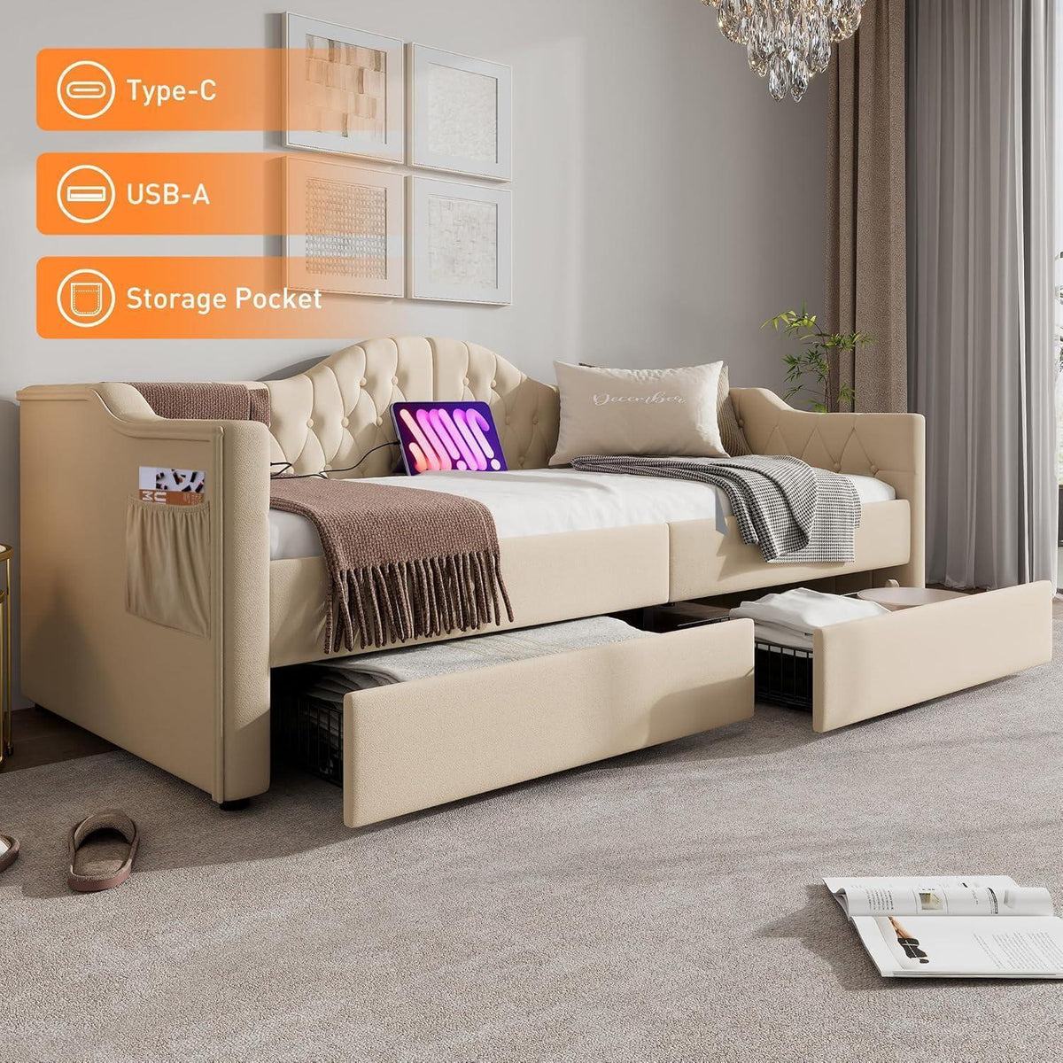 Schlafsofa Klein 90x200 cm Beige – Schlafsessel mit Bettkasten