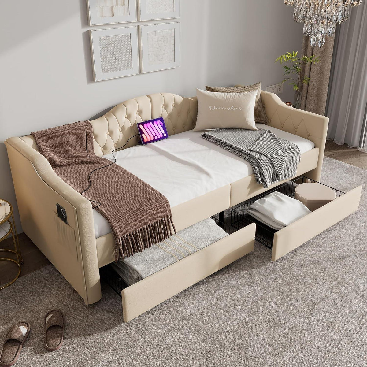 Schlafsofa Klein 90x200 cm Beige – Schlafsessel mit Bettkasten