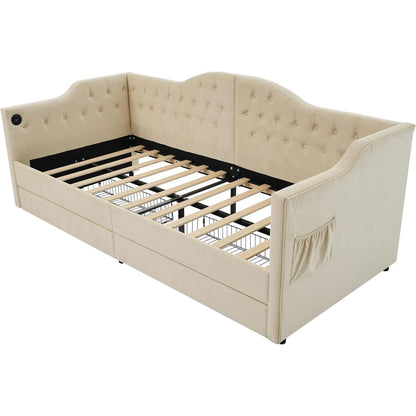 Schlafsofa Klein 90x200 cm Beige – Schlafsessel mit Bettkasten
