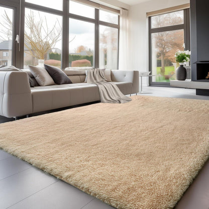 Hochflor Teppich Beige 275x370 - Flauschiger Wohnzimmerteppich