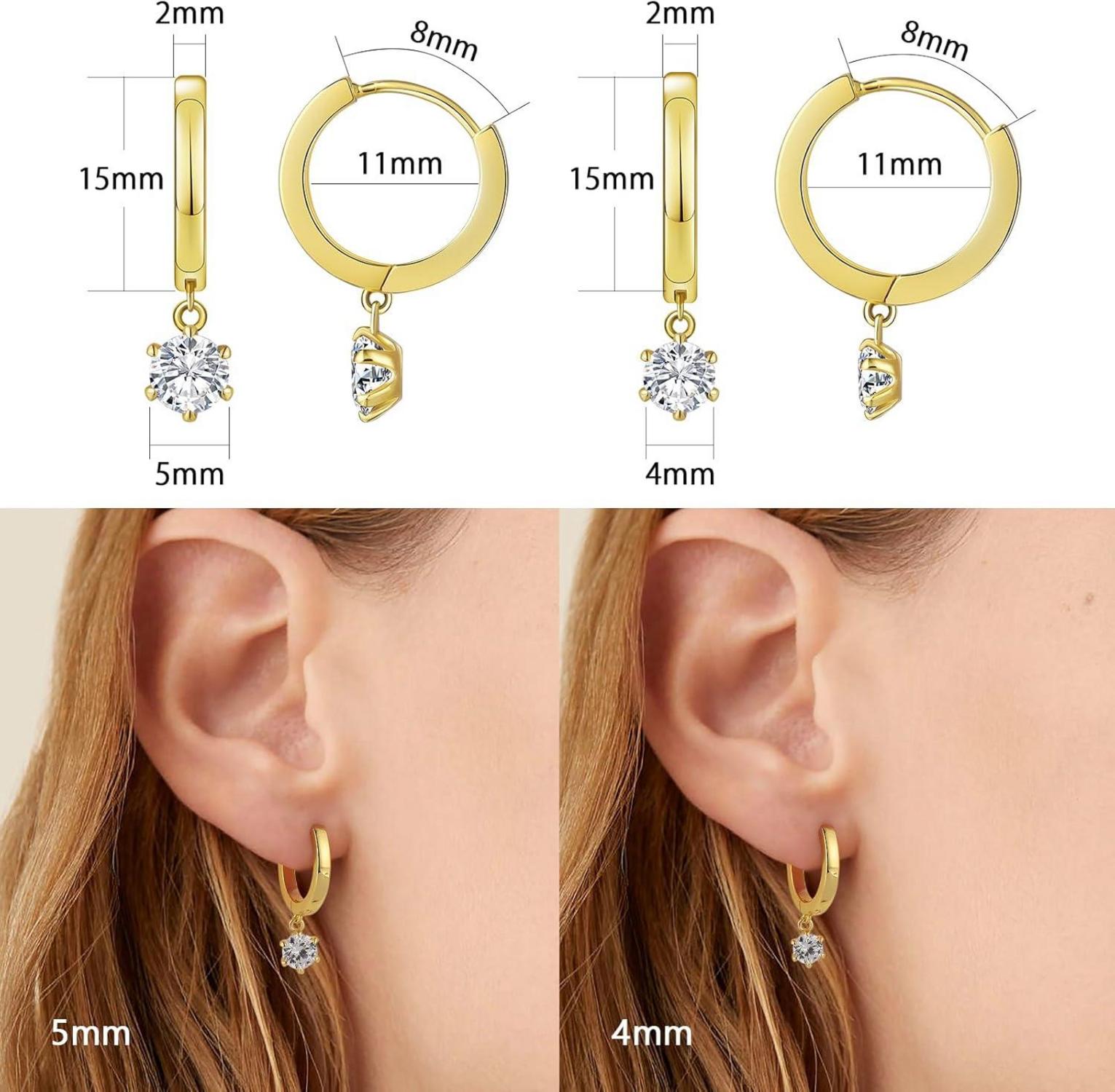 925 Sterling Silber Creolen Ohrringe mit Zirkonia Anhänger 4mm Gold-Geschenk