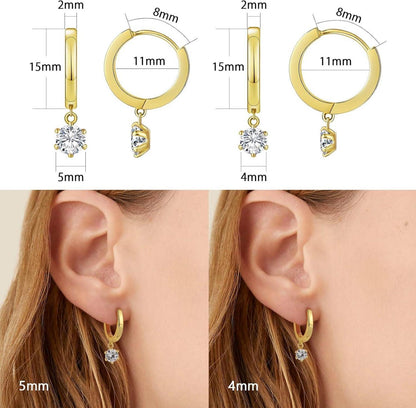 925 Sterling Silber Creolen Ohrringe mit Zirkonia Anhänger 4mm Gold-Geschenk