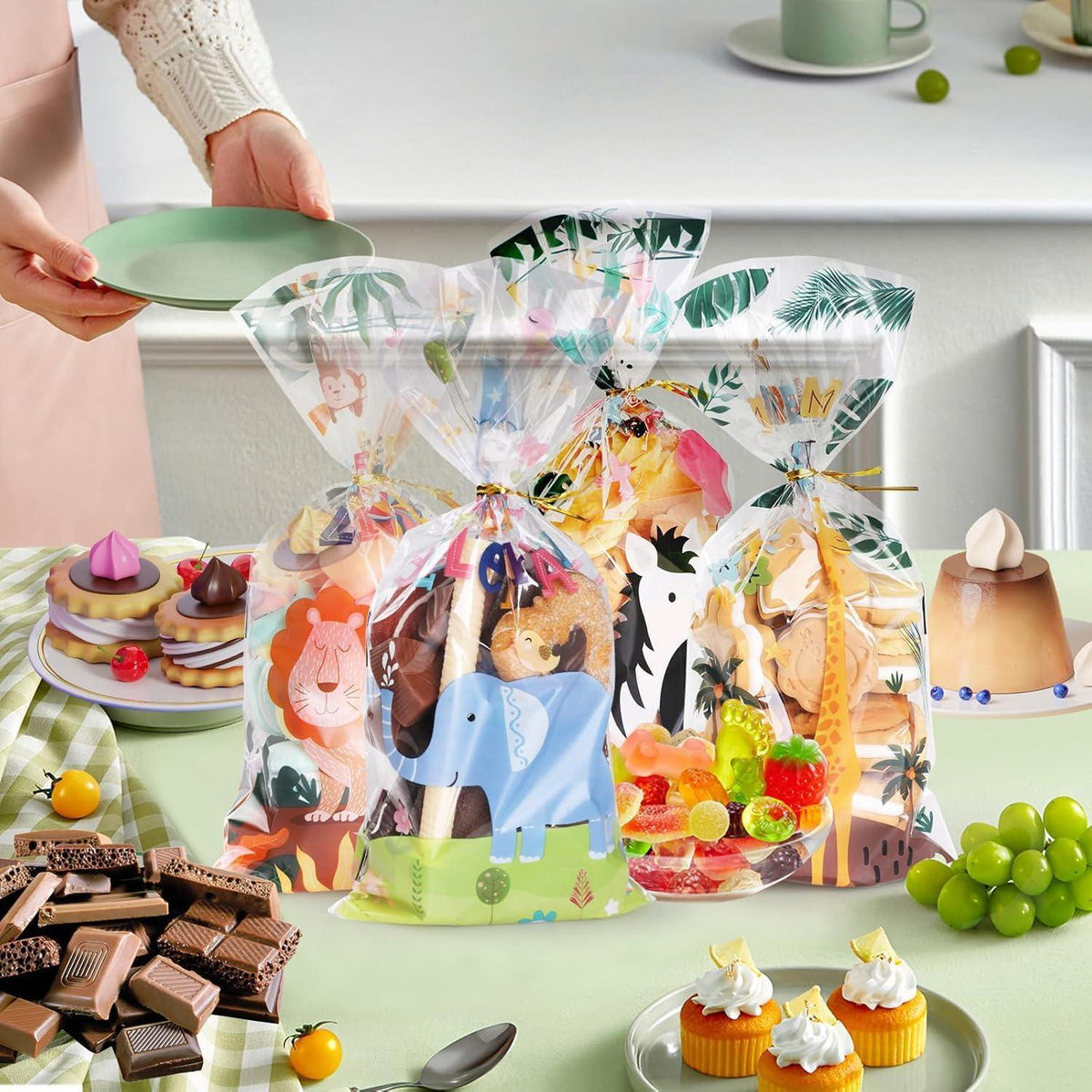 100 Zellophantüten mit Tier-Muster für Süßigkeiten & Geschenke