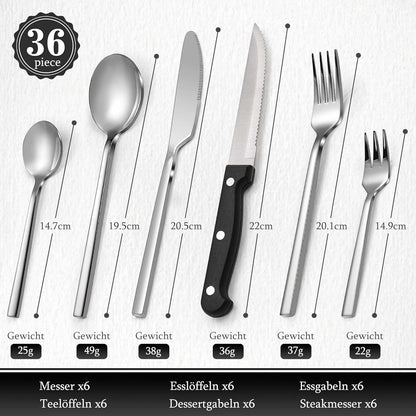 36-teiliges Besteck Set für 6 Personen mit Steakmessern - Edelstahl