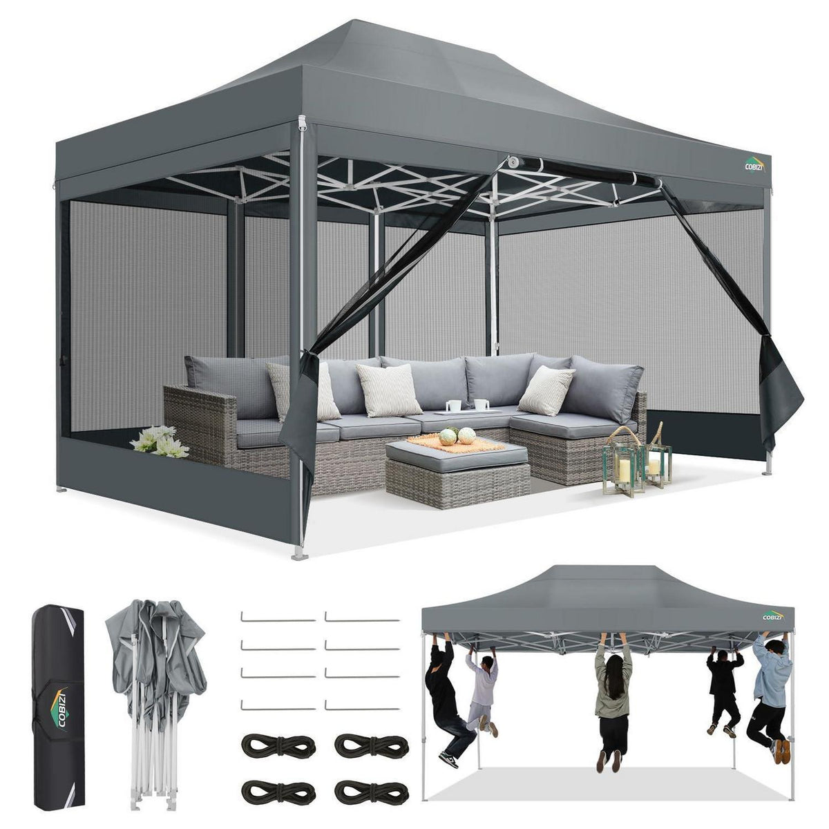 Faltpavillon 3x4,5m mit Moskitonetz & UV-Schutz – Grau