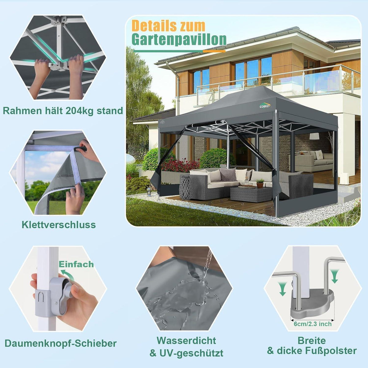 Faltpavillon 3x4,5m mit Moskitonetz & UV-Schutz – Grau