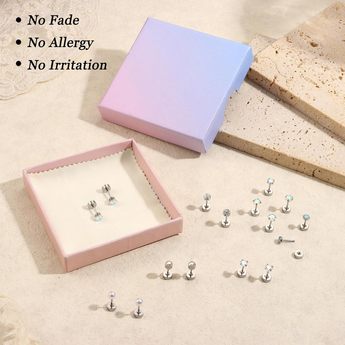 8 Paar kleine hypoallergene Chirurgenstahl Ohrringe Set Opal Perle