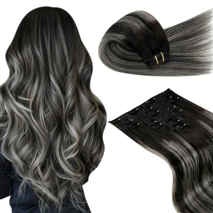Echthaar Clip-in Extensions Schwarz Balayage Ombre Silber