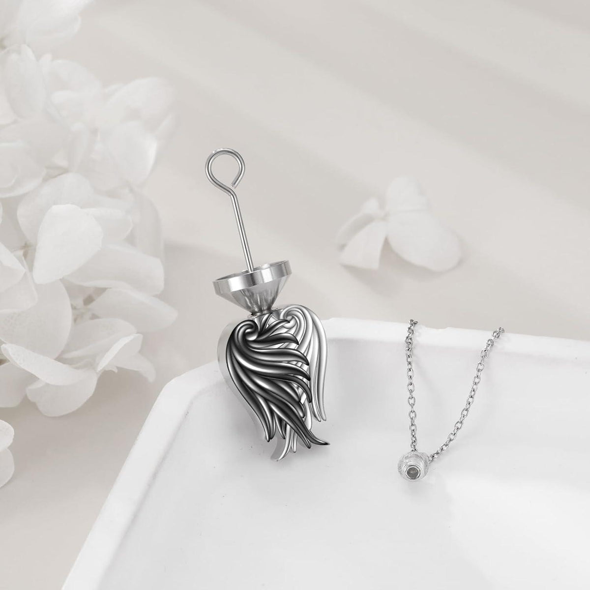 Engel Flügel Urne Halskette 925 Sterling Silber Schwarz Weiß Damen Charme Schmuck