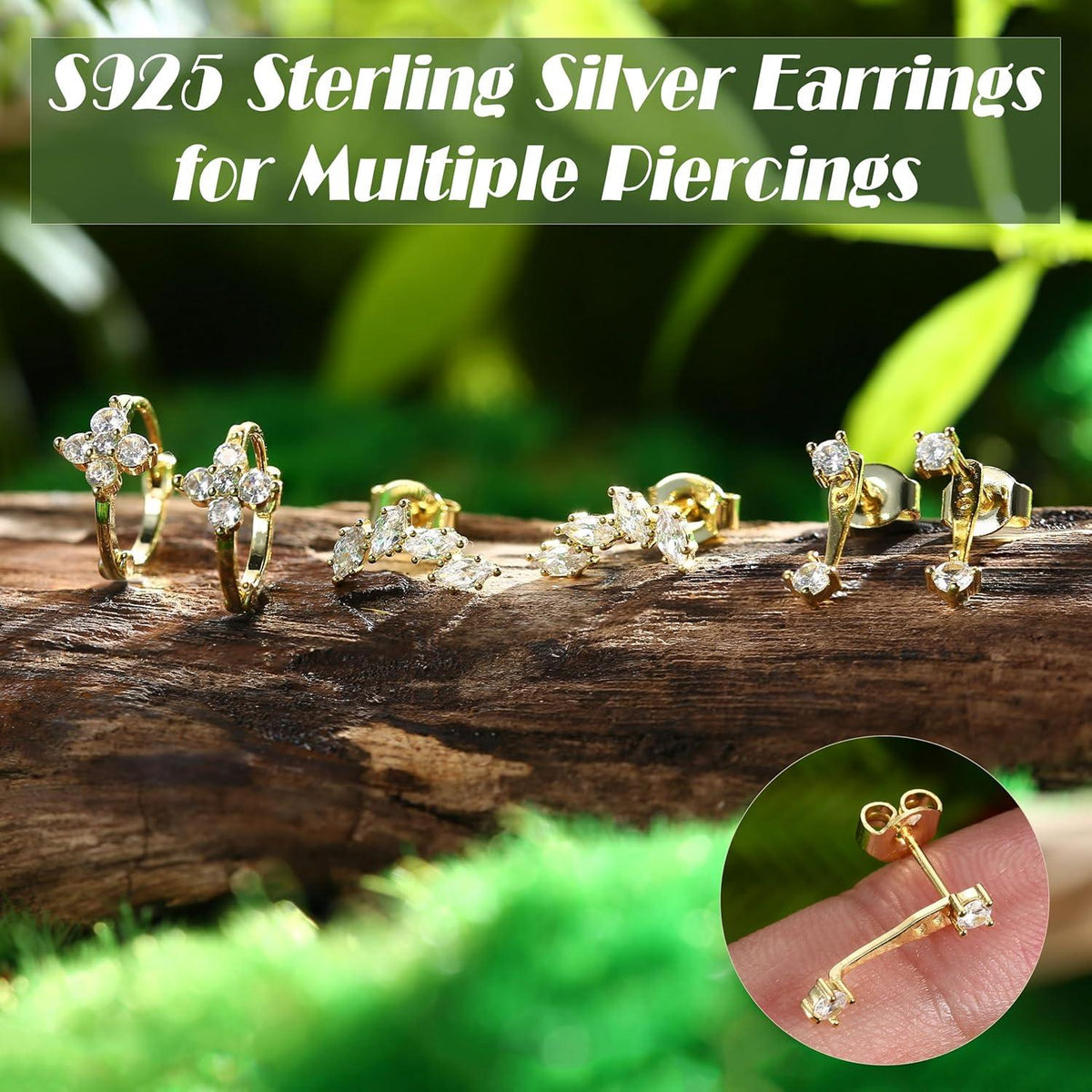 JeweBella 3 Paar Ohrringe Silber 925 Damen Mädchen 14K Vergoldet Zirkonia Hängend Piercings
