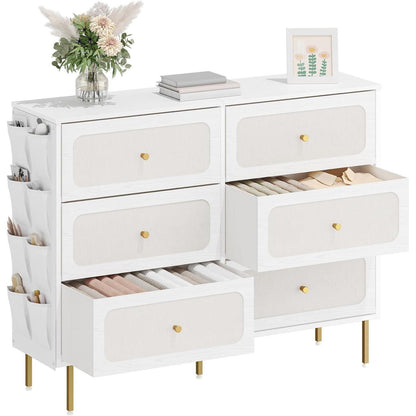 Kommode 110cm mit Stoffschubladen & Organizer-Taschen, Weiß-Gold