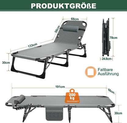Klappbare Sonnenliege mit Matratze und Kopfstütze, 200kg, für