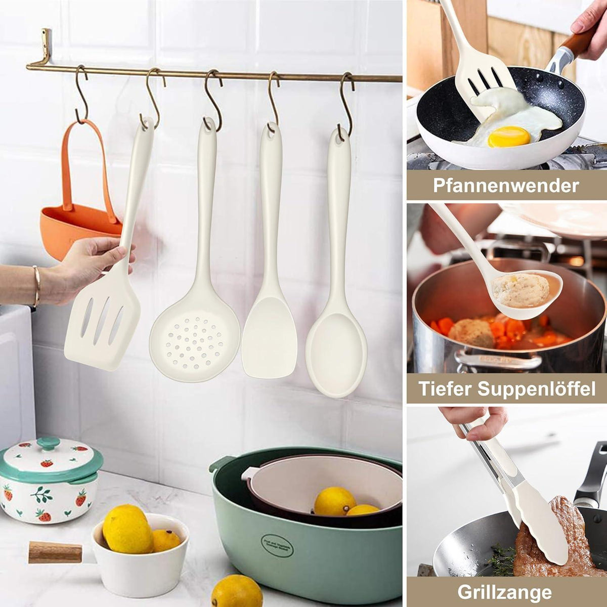 15-teiliges Silikon Kochutensilien Set mit Halter – Weiß