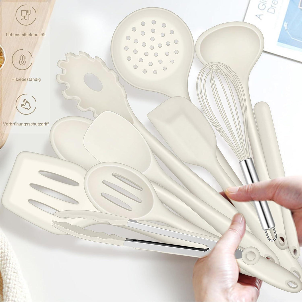 15-teiliges Silikon Kochutensilien Set mit Halter – Weiß