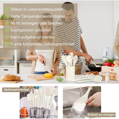 15-teiliges Silikon Kochutensilien Set mit Halter – Weiß