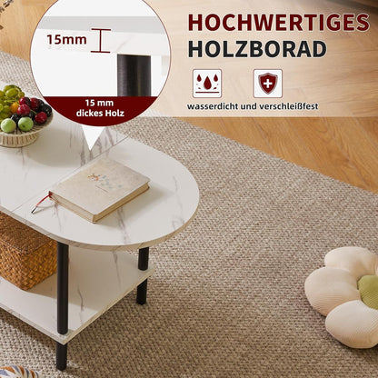 Wohnzimmertisch mit 2-stufigem Stauraum, Holzbeinen, moderner Stil, Weiß + Schwarz