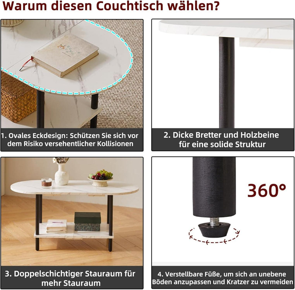 Couchtisch Holzbeine 2-stufiger Stauraum Weiß + Schwarz moderner Stil