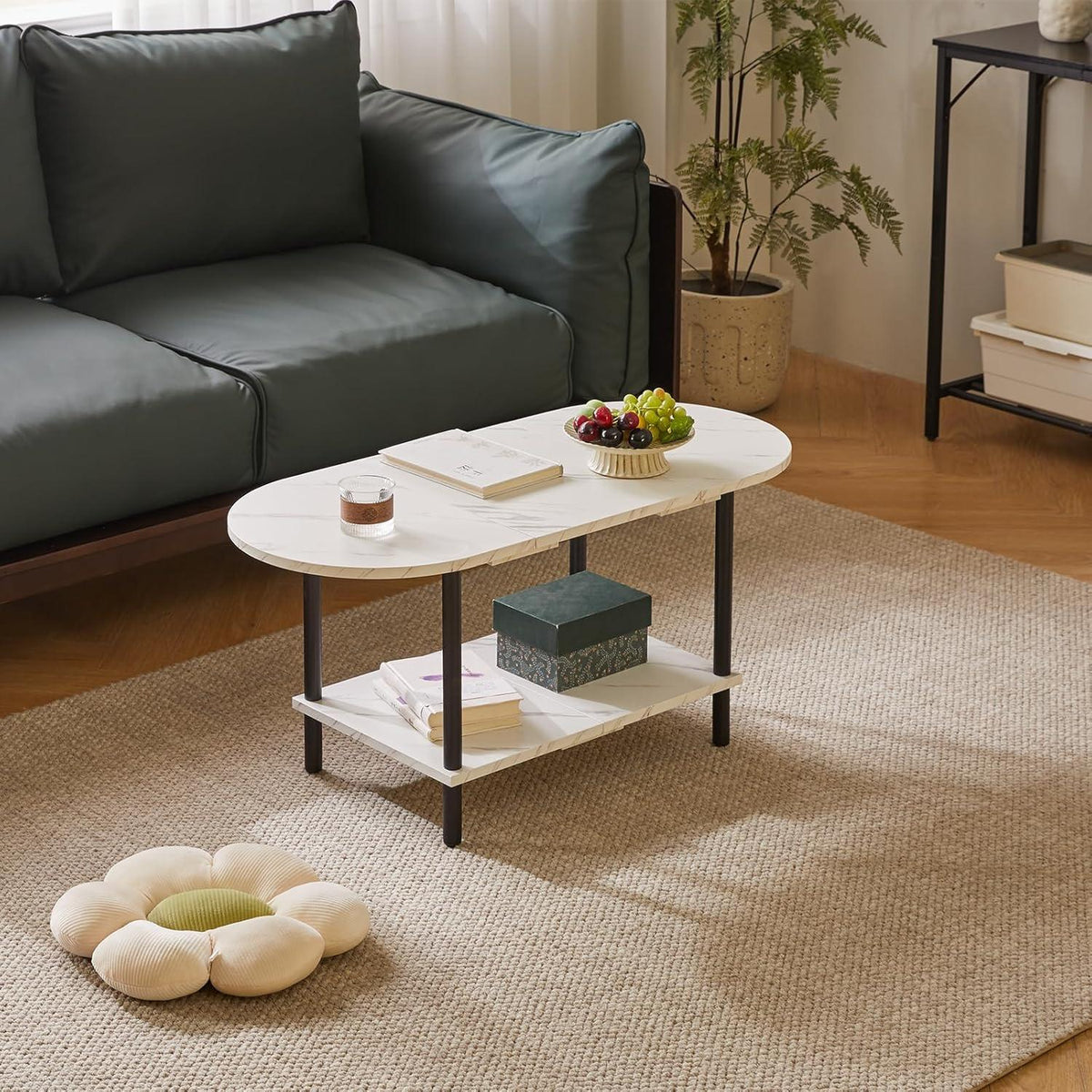 Couchtisch Weiß Holzbeinen 2-stufigem Stauraum Moderner Stil