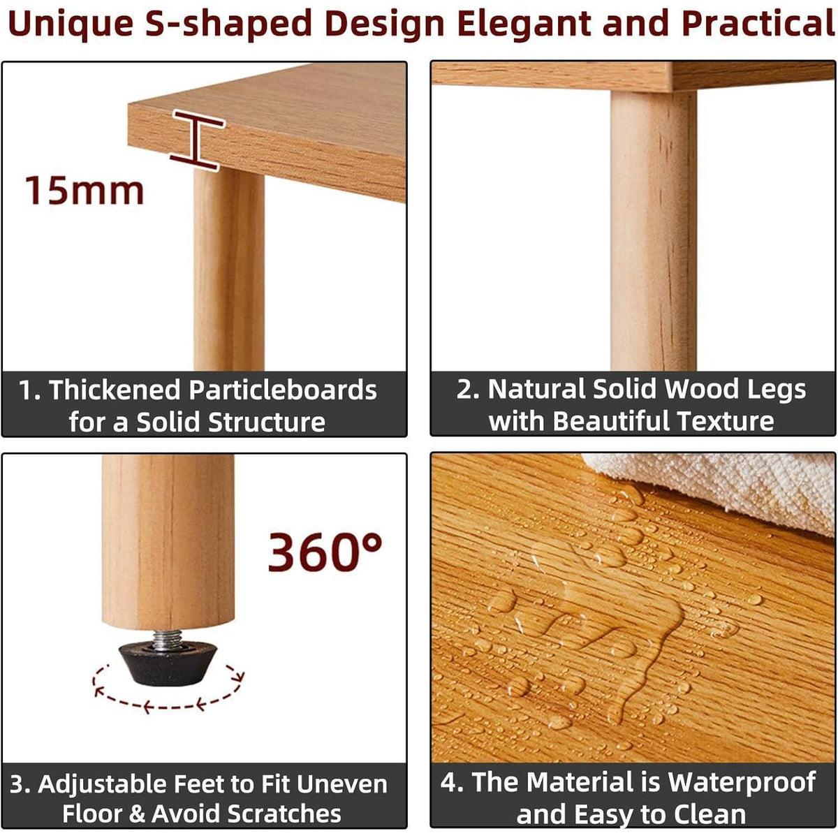 Holz Nachttisch mit 3 Etagen & offenem Regal
