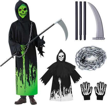 Kinder Sensenmann Halloween Kostüm leuchtendes Skelett Zombie Party