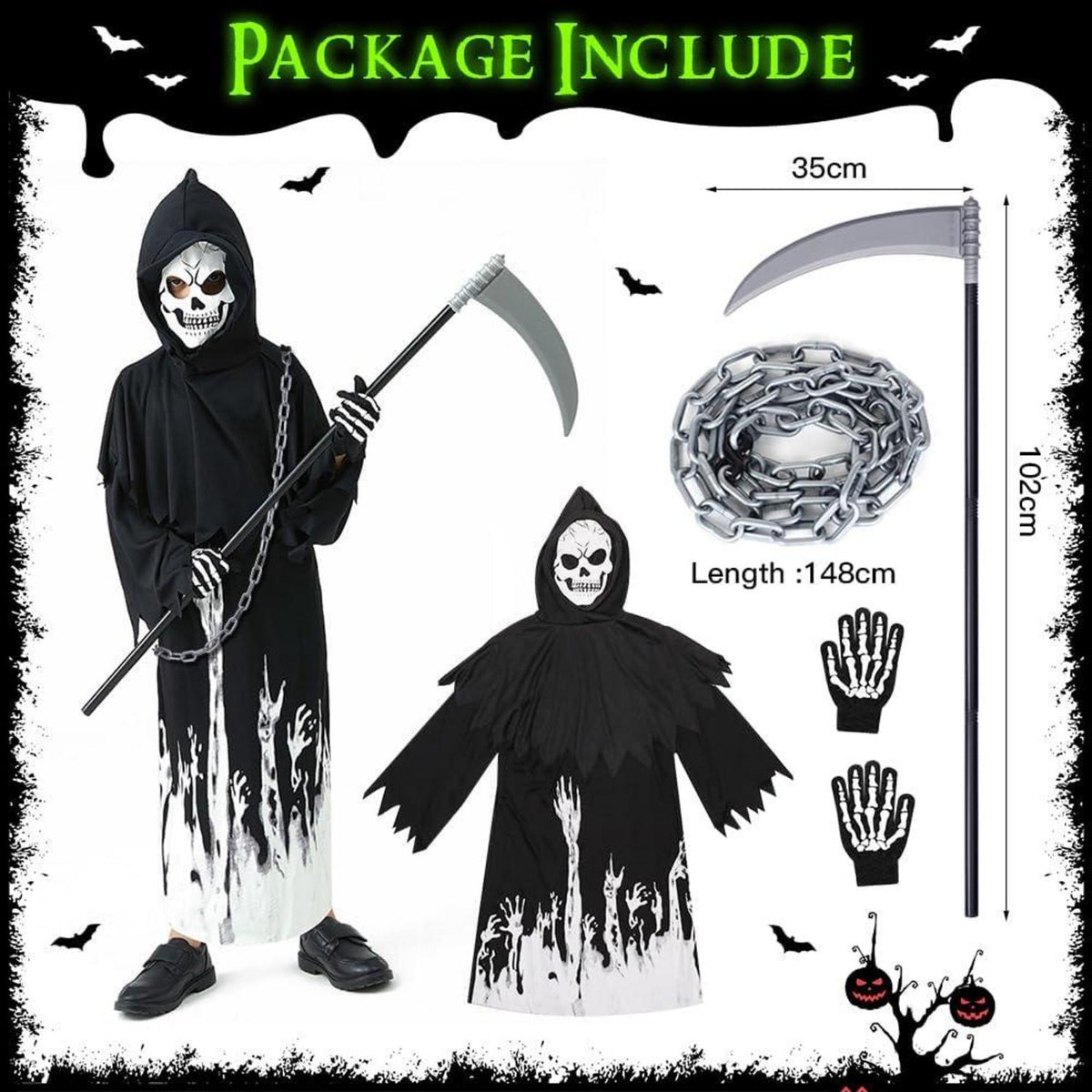 Halloween Kinder Sensenmann Kostüm leuchtet Dunkel Skelett