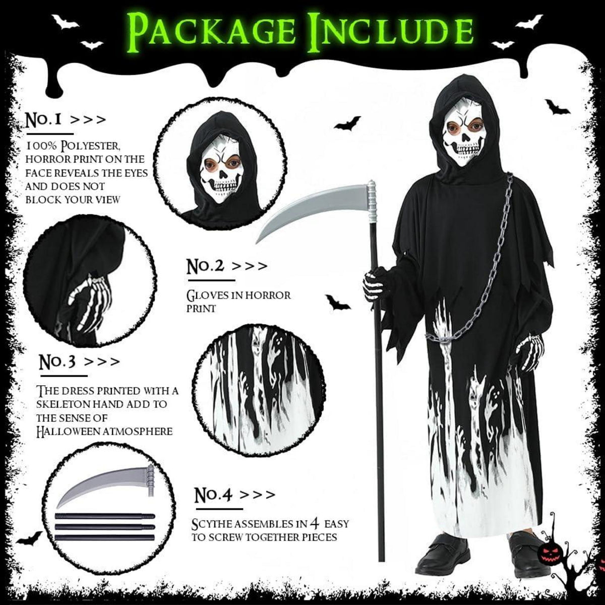 Sensenmann Kostüm Kinder leuchtend Halloween Skelett Zombie Gruselig
