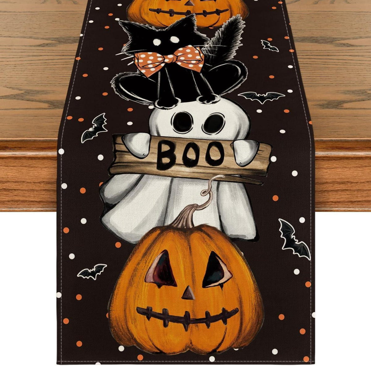 Halloween Tischläufer mit Polka Dot Ghost und Kürbissen 40x180 cm