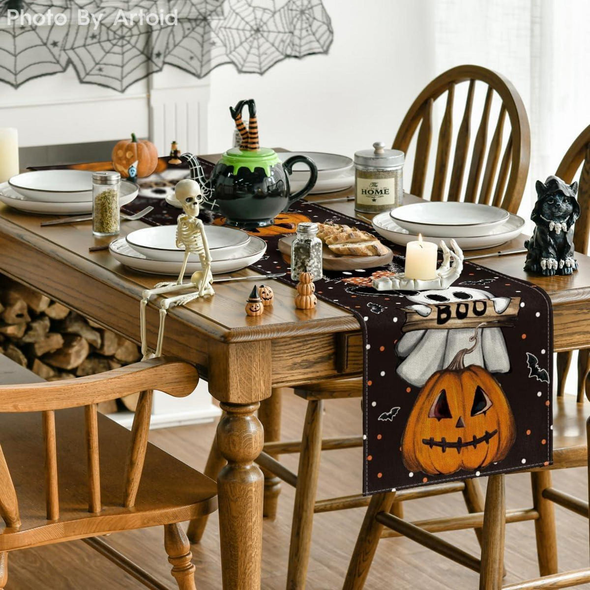 Halloween Tischläufer Polka Dot Geister Kürbisse Katze 40x180 cm Schwarz