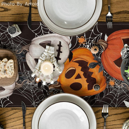 Schwarzer Halloween Tischläufer Spinnennetz Kürbis Laterne 40x240cm