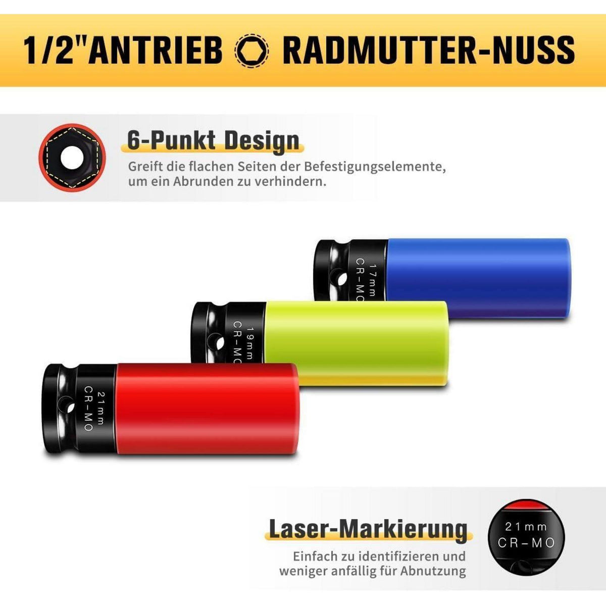 Schlagschrauber Nüsse 17-21mm Cr-Mo Felgenschutz 3tlg