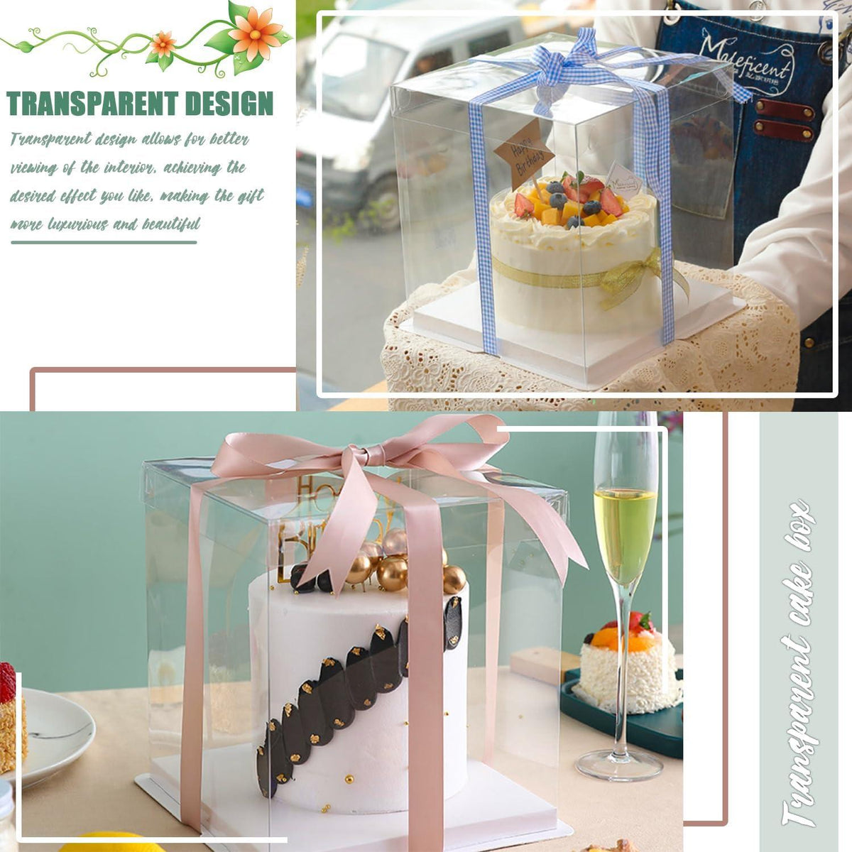 Fizdoqg Transparente Geschenkbox 2 Stück Tortenbox 30x30x25cm mit Sockel und Band