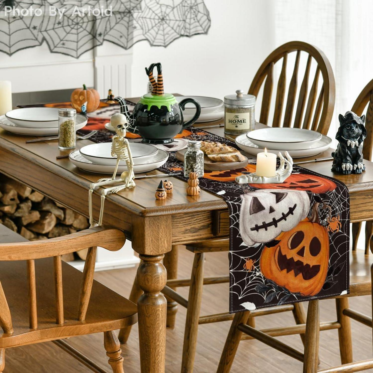 Halloween Tischläufer Spinnennetz Kürbisse Laterne Schwarz 40x180 cm
