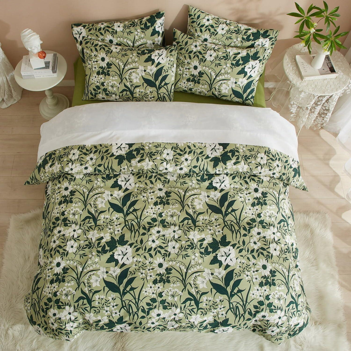Grüne Baumwoll Bettwäsche Set 200x220 mit Blumenmuster