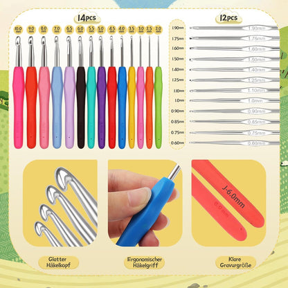 Häkelset für Anfänger mit 15 Acrylwolle, Zubehör & Tasche