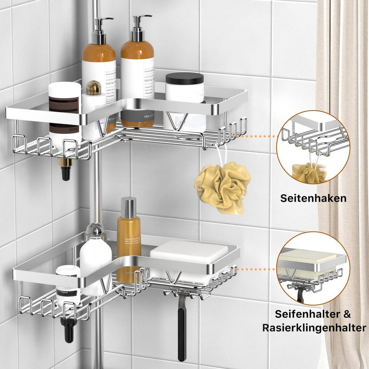 Teleskop Duschregal Eckig – 4 Körbe, Verstellbar, Rostfrei